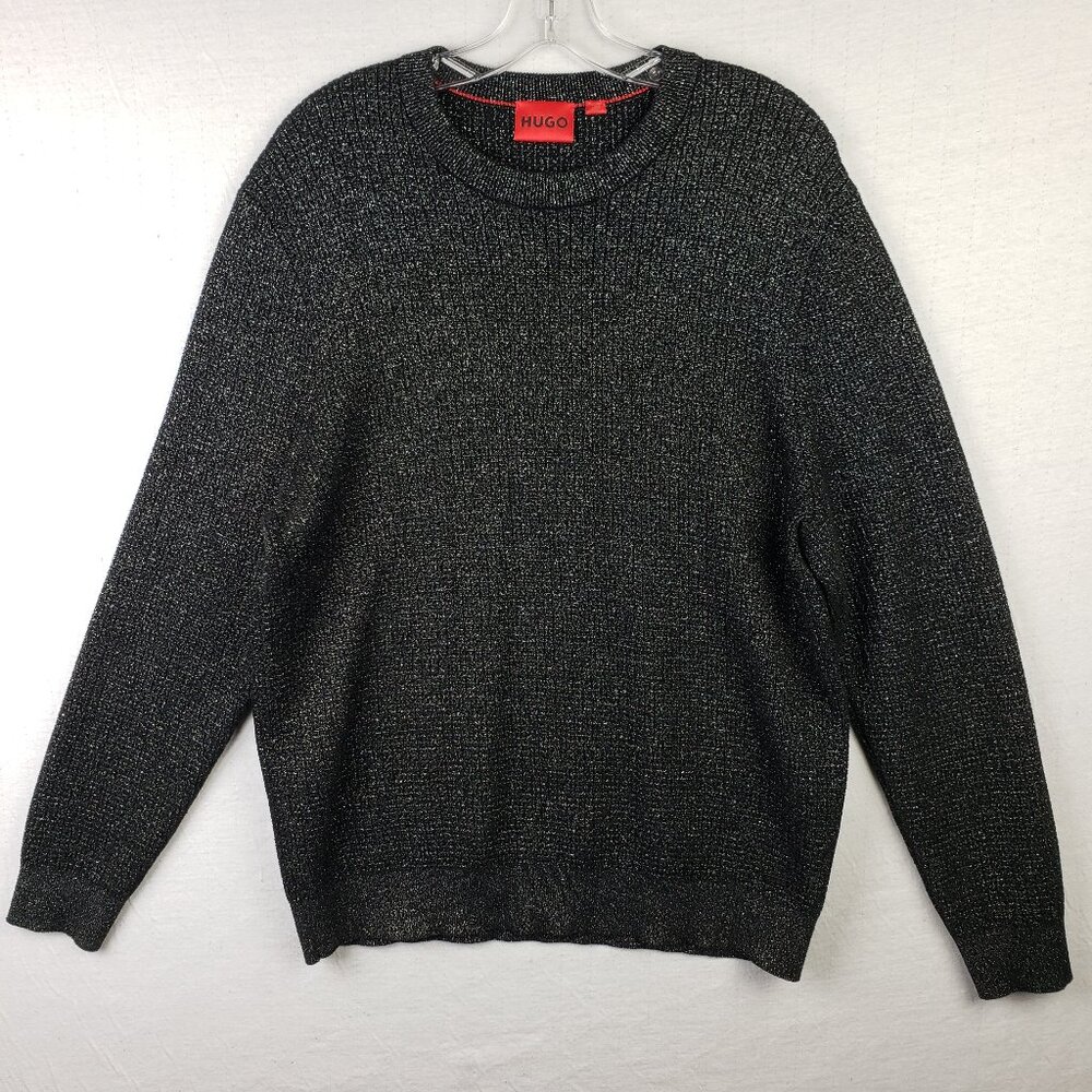 HUGO Boss Schiq Sweater NWOT Men’s L Black Silver Metallic Relaxed Fit Crewneck
